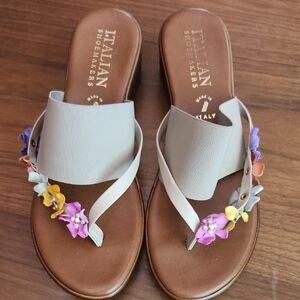 Italian Shoemakers Cream and Brown Sandals with Floral Accents